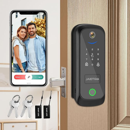 5 in 1 Smart Lock for Front Door, Keyless Entry Deadbolt with Camera & Doorbell, WiFi Secure Electronic Lock for Home, Fingerprint, Keypad, App Control, Voice Changer, Compatible with Alexa
