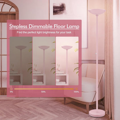 BoostArea Torchiere Floor Lamp Pink, 30W Super Bright LED Standing Lamp, 3000K Stepless Dimmable Pole Lamp with Rotary Switch, 71inch Tall Metal Modern Floor Lamps for Living Room,Bedroom,Home Decor
