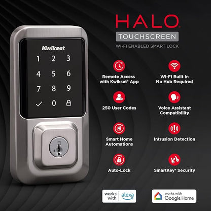 Kwikset Halo Wi-Fi Smart Lock, Keyless Entry Door Deadbolt, Geofence Auto-Unlock, Grade AAA Certified, No Hub Required Easy Install, Satin Nickel Lifetime Finish Warranty, Touchscreen