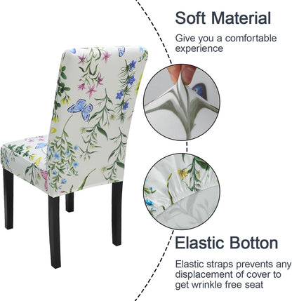 JQinHome Pattern Chair Covers for Dining Room Set of 6, High Stretch Removable Washable Parsons Chair Slipcover for Home Party Hotel Wedding Ceremony (Flowering Butterflies,6PCS)