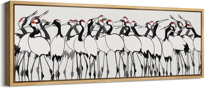 MUDECOR Large Framed Canvas Print Wall Art Minimalist Crane Flock Japanese Ink Style Bird Illustrations Decorative Colorful Multicolor for Bedroom - 60"x20"