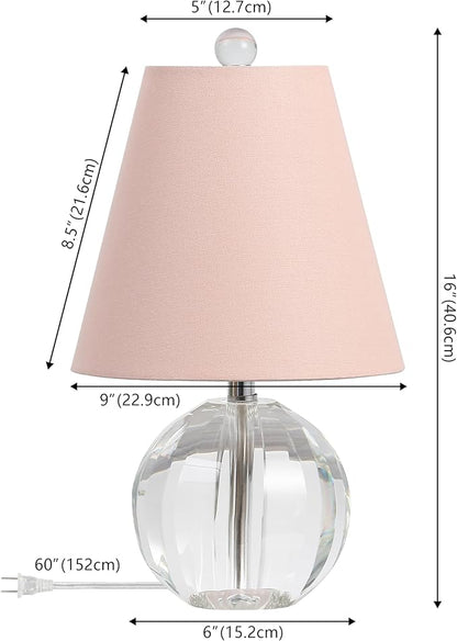 JONATHAN Y 16" Clear/Pink Crystal Ball LED Table Lamp, White Modern Bedside Lamp, with White Linen Empire Shade, Glam Orb Glass Nightstand Lamp for Living Room, LED Bulb (JYL2079C)