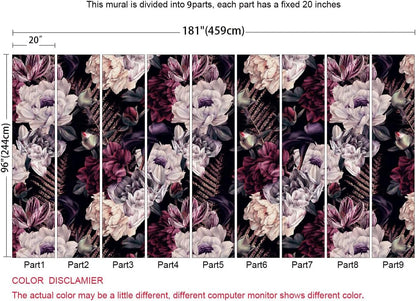 Floral Wallpaper Watercolor Dark Peony Flowers Mural Wallpaper for Bedroom Living Room (Not Peel n' Stick)