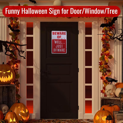Alotpower Halloween Decorations Metal Tin Sign for Outdoor Yard, Garage Wall, Rustic Vintage Beware of Well Just Beware, 7.8x11.8in