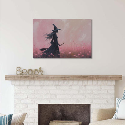 JFHCQJPK Witch in the pink sea of flowers Halloween prints weird flowers wall art silhouette painting fashionable romantic decoration suitable for bedroom20x30in Frameless