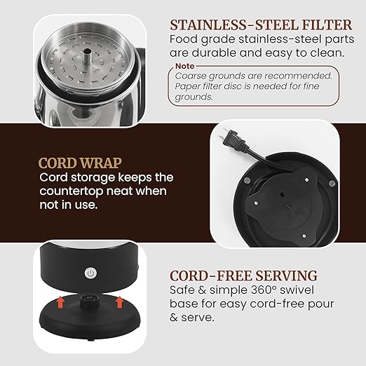 Elite Gourmet 12-Cup Electric Coffee Percolator, Dishwasher Safe Stainless-Steel Filter, Lid & Tube, Keep Warm, 360° Swivel Base Cord-less Serving, Stainless-Steel