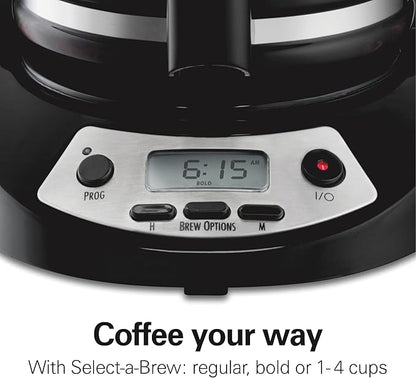 Hamilton Beach 12 Cup Programmable Drip Coffee Maker Machine, Regular & Bold Brew Options, Auto Pause and Pour, Glass Carafe, Black with Stainless Accents (46299J)
