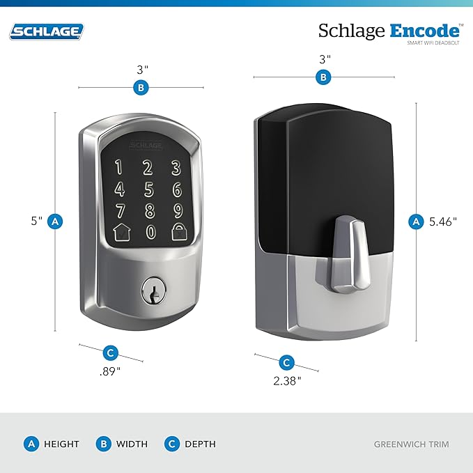 Schlage Encode Smart WiFi Deadbolt Lock for Front Door - Keyless Entry with App or Touchscreen - Works with Alexa, Hey Google, & Airbnb - Create Codes for Guests - Bright Chrome