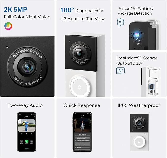 Tapo 2K Wired Smart Video Doorbell - 180 Ultra-Wide Field of View, Person/Vehicle/Package Detection, 2-Way Audio, Color Night Vision, Subscription-Free Local Storage or Optional Cloud, D130