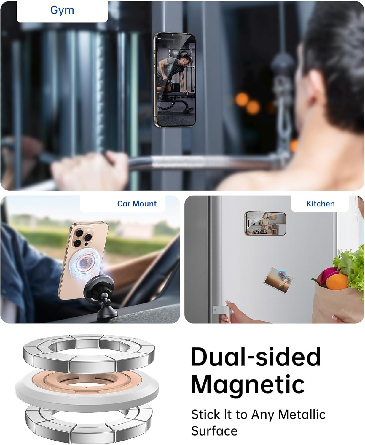 SYNCWIRE Magnetic Phone Ring Holder for MagSafe, 360° Rotation Dual Sided Magnet Grip Cell Phone Ring Stand Finger Kickstand Compatible with iPhone 16 15 14 13 12 Pro Max fits MagSafe - Pearl Gold