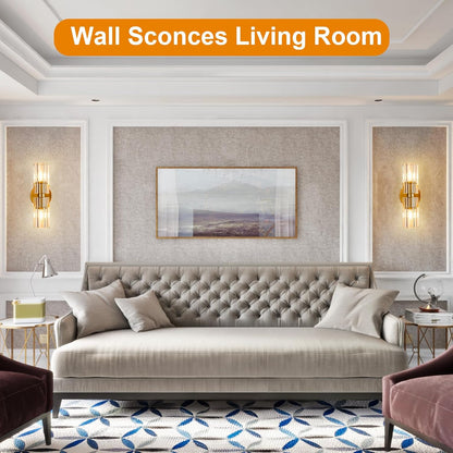Gold Crystal Wall Sconces Set of Two, Wall Sconce Set of 2, Brass Sconces Wall Lighting with K9 Crystal Lampshade, Wall Lights for Bedroom Living Room Bathroom Hallway