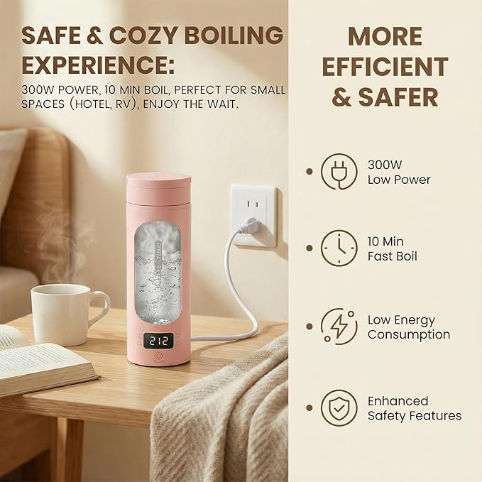 Pink Portable Electric Kettle forTravel, Small Hot Water Kettle with NTC Temperature Control and Auto Shut-Off, 316 Stainless Steel, Green 110V & 15oz