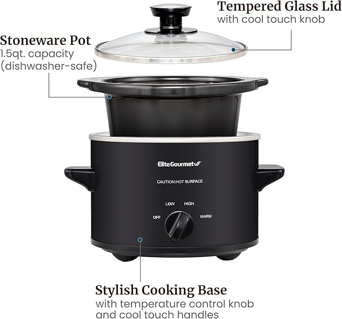 Elite Gourmet MST-250XB Electric Slow Cooker Ceramic Pot, with Adjustable Temp, Entrees, Sauces, Soups, Roasts, Stews & Dips, Dishwasher Safe (1.5 Quart, Black)