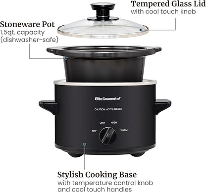 Elite Gourmet MST-250XB Electric Slow Cooker Ceramic Pot, with Adjustable Temp, Entrees, Sauces, Soups, Roasts, Stews & Dips, Dishwasher Safe (1.5 Quart, Black)