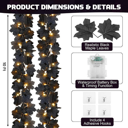 Ouddy Decor 2 Pack Lighted Black Garland Decorations, Total 20 Ft 60 Led Fall Lights Maple Leaves Battery Operated for Indoor Outdoor Thanksgiving Front Door Decor, Warm White
