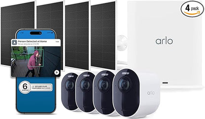 Arlo Ultra Security Camera 4K HDR (3rd Gen, 2025 Release), SmartHub, 4 Cam + 4 Solar Panels + 6 Months of Secure Plus Plan, AI Detection - Person, Vehicle, Package & Animal, 180° Field of View, White