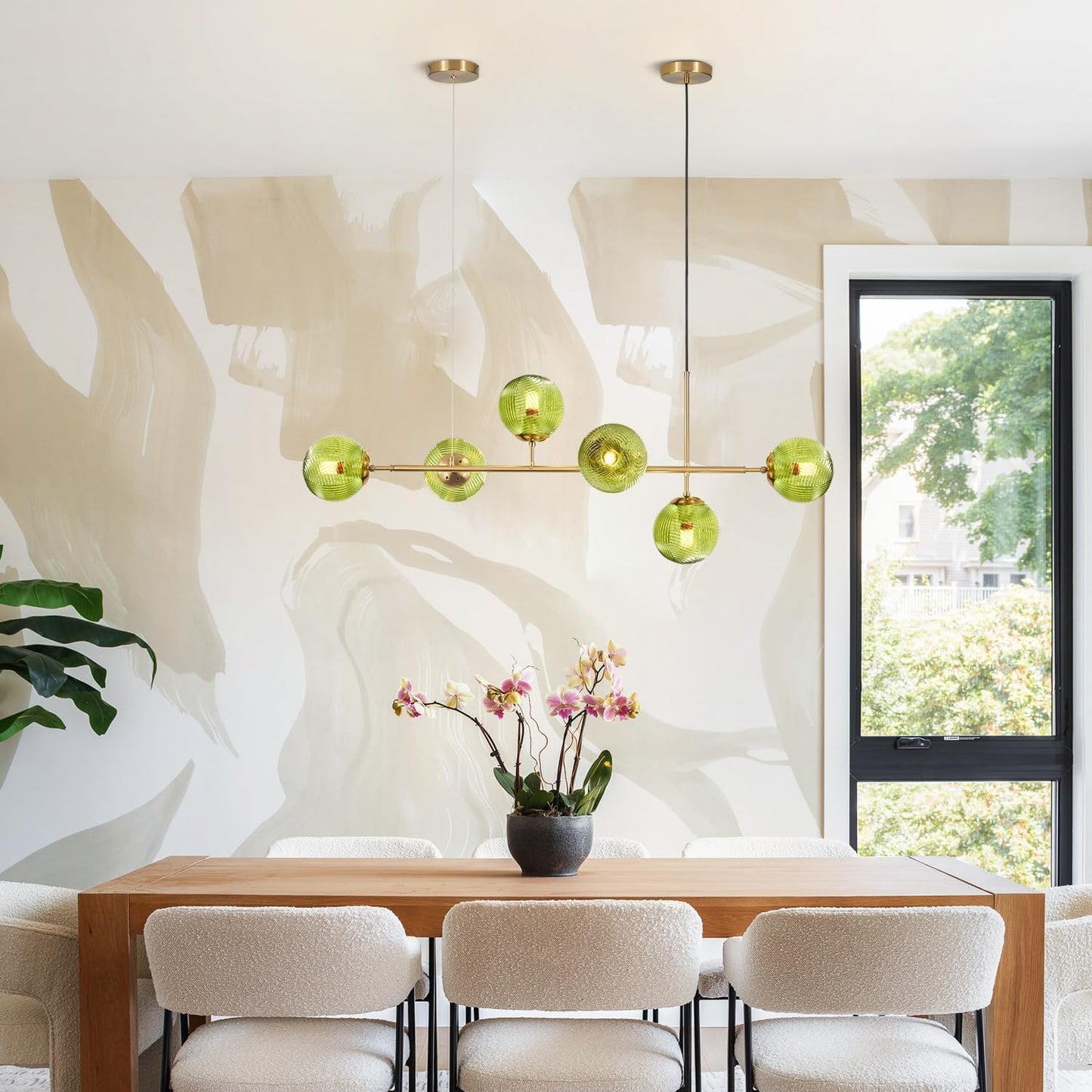 KCO Lighting 6 Green Glass Pendant Lights Kitchen Island Mid Century Modern Globe Sputnik Chandelier Brushed Gold Linear Island Light Fixture for Dining Room