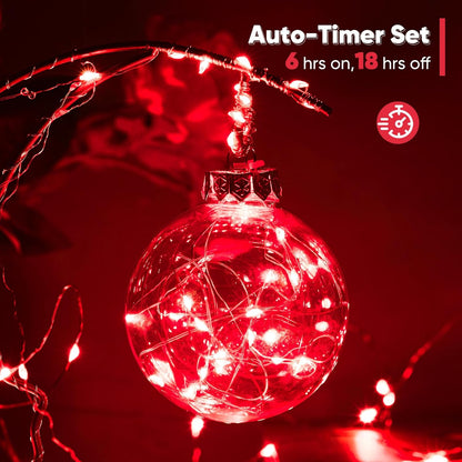 2 Pack 65.6 Ft. Battery Operated Outdoor String Lights with Remote & Timer, LED Red Fairy Lights, Waterproof Twinkle Lights for Bedroom, Dorm, Mason Jar, Wedding, Party, Christmas