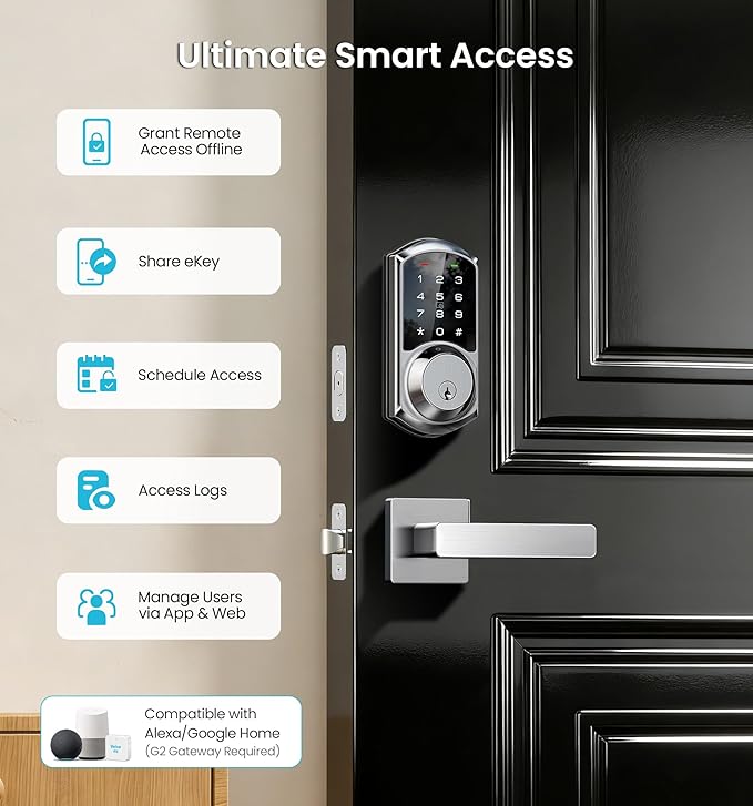 Veise VE06-L Smart Locks with 2 Lever Handle Set, App Control, Keyless Entry Deadbolt for Front Door, Electronic Digital Touchscreen Keypad, Auto Lock, Waterproof, Easy Installation, Satin Nickel
