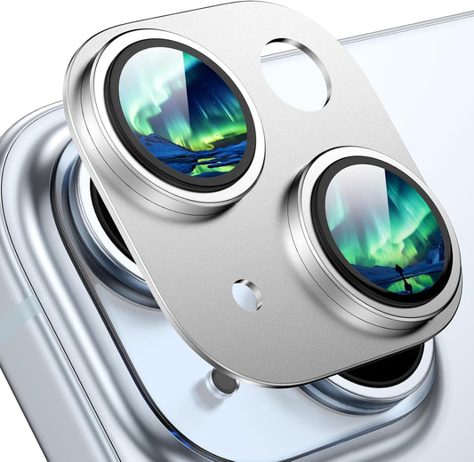 Compatible with iPhone 15/iPhone 14/iPhone 14 Plus/iPhone 15 Plus Camera Lens Protector, [Case-Friendly][Strong Adsorption][AR Anti-Reflection] Tempered Glass Full Coverage,Silver