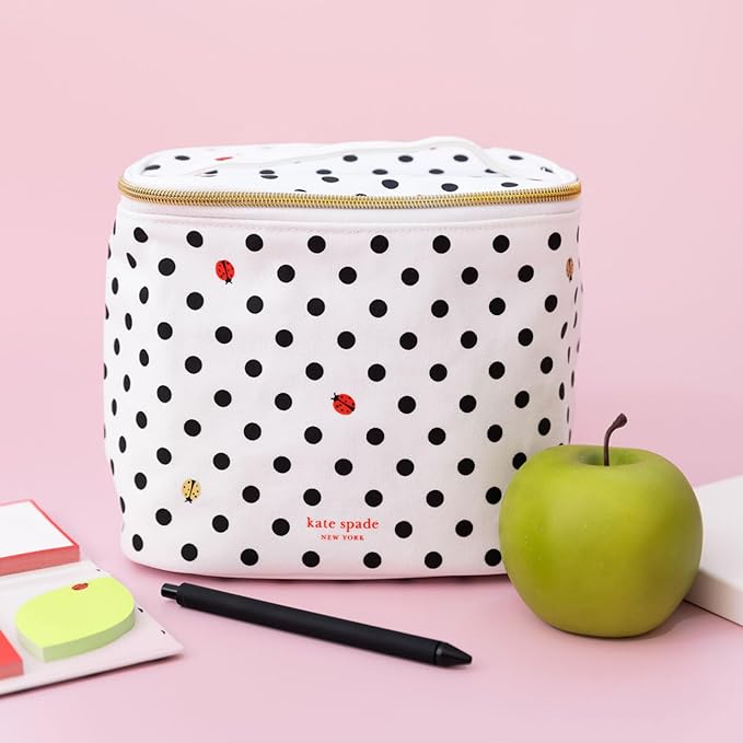kate spade new york Insulated Lunch Tote, Small Lunch Cooler, Cute Lunch Bag for Women, Thermal Bag with Double Zipper Close and Carrying Handle, Ladybug Dot