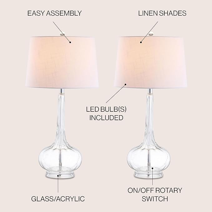 JONATHAN Y 28.5" Clear Glass Teardrop LED Table Lamp Set of 2 for Living Room Bedroom Nightstand, White Linen Shade Modern Transitional Bedside Desk Lamp (JYL1079C-SET2)