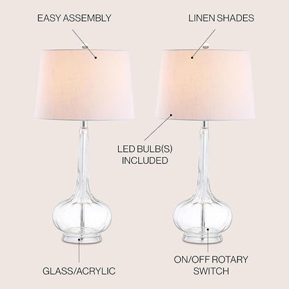 JONATHAN Y 28.5" Clear Glass Teardrop LED Table Lamp Set of 2 for Living Room Bedroom Nightstand, White Linen Shade Modern Transitional Bedside Desk Lamp (JYL1079C-SET2)
