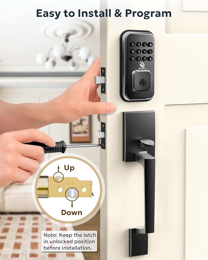 BE-TECH Keyless Entry Smart Door Lock with 2 Pull Handles, Electronic Front Door Locks Set, Digital Keypad Deadbolt, Auto Lock, One Time Codes, Anti Peeping Code, Easy Installation, Black