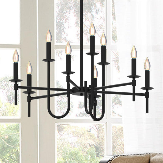 Farmhouse Black Chandelier, Modern Candle Hanging Lamp, Round LED Ceiling Pendant Lights for Kitchen Island Living Room Bedroom Dining Room (Black-B 9Lights)