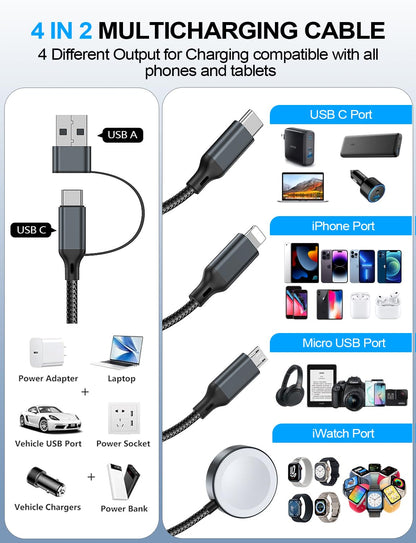 4-in-2 Charging Cable for Apple Watch Charger/Samsung/iPhone Charger,Car/Travel Essentials,Type C Cable Multi Cord for iWatch Ultra/10-2/iPhone 16-11/Samsung S25-S20,PlayStation 4,iPad,airPods-Black