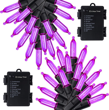 WATERGLIDE 2 Pack 50 LED Outdoor Halloween Lights, 16 FT Mini String Light with 8 Modes, Waterproof Battery Operated Tree Lights for Indoor Outdoor Patio Garden Party Wedding Decoration, Purple