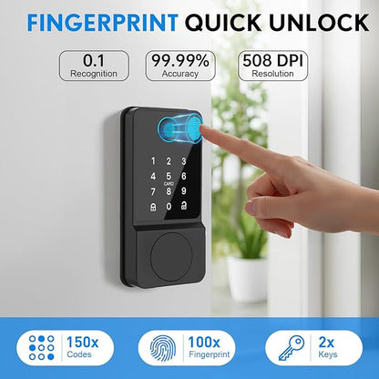 Smart Door Lock Keyless Entry with Fingerprint Touchscreen Keypad APP IC Card Key Type-C Charging Unlocking 6 In 1 Electric Biometric Digital Deadbolt for Front Doors Home Apartment Auto-Locking