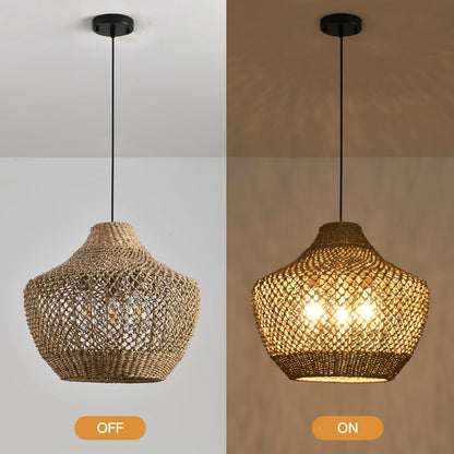 18.9”Boho Wicker Large Pendant Light,3-Light Rattan Chandelier, Hand-Woven Seagrass Farmhouse Fixture, for Kitchen Island Bedroom Dining Living Entrance Halls.