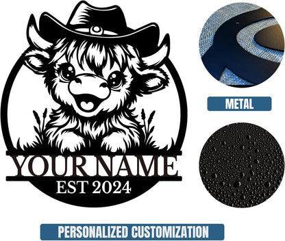 Personalized Highland Cow Name metal Signs,Custom Highland Cow Metal Shed Wall Decor,Black Metal Wall Art Plaques Outdoor wall Decorative Signage (Style A)