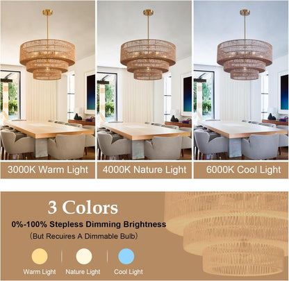 Boho Rattan Chandelier, 6-Light Dining Room Light Fixture,23.62" Wicker Pendant Lighting with3-Tier Woven Lampshade, Large Farmhouse Chandeliers for Kitchen