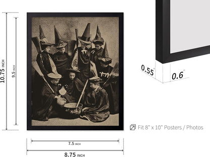Poster Master Vintage Photograph Poster - Retro Halloween Print - Gift for Artist, Friend - Witches Cooking, Pointy Hats, Broomsticks, Black Magic - Wall Decor for Bedroom, 8x10 Black Framed