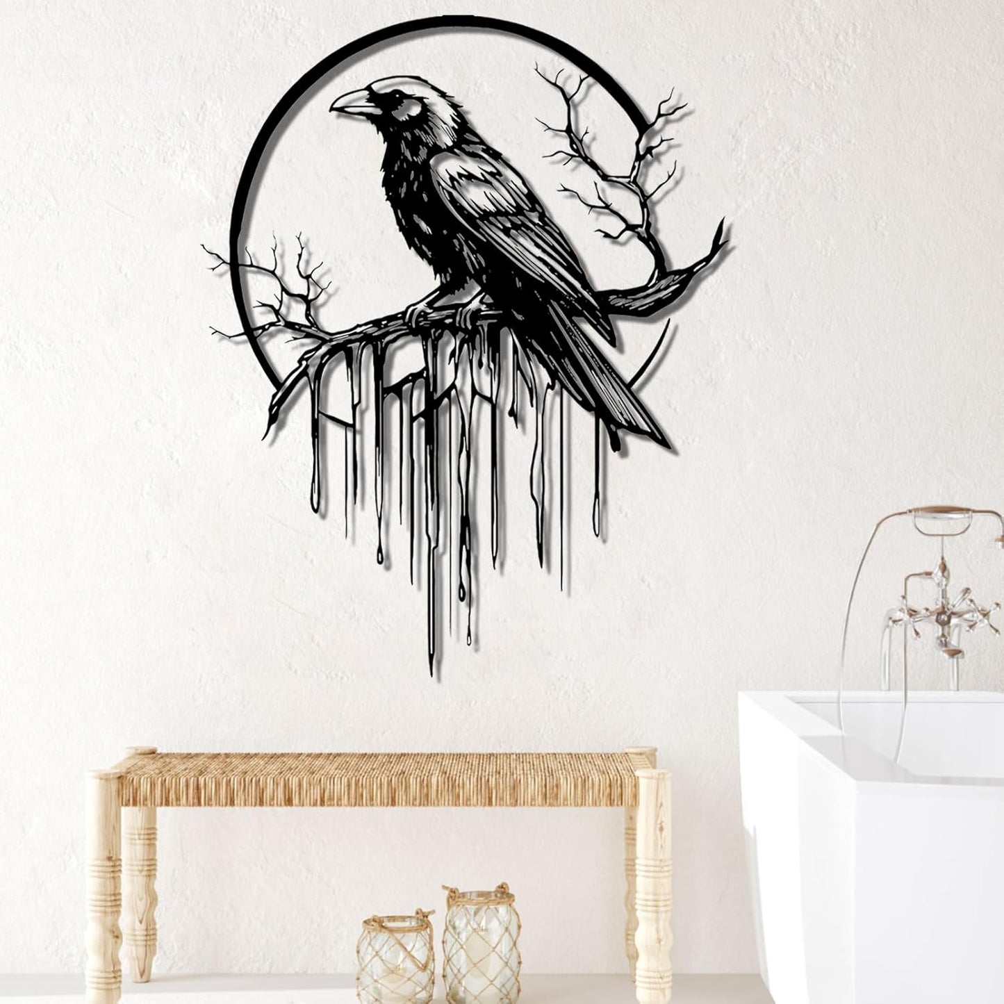 Crow Metal Wall Decor, Raven Wall Art, Large Gothic Raven Decor Hangings, Bird Wall Decor, Metal Tree Branch Decor, Ravens Sign, Raven Art for Living Room (Black, 30"x24" |76x61cm, metal wall art)