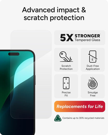 ZAGG Glass Elite Screen Protector for iPhone 16 Plus / 15 Plus - 5X Stronger, Reinforced Edges, Ultra-Strong Tempered Glass, Scratch Resistant, Anti-Smudge, InvisibleShield,, Easy Installation, Eco-Friendly