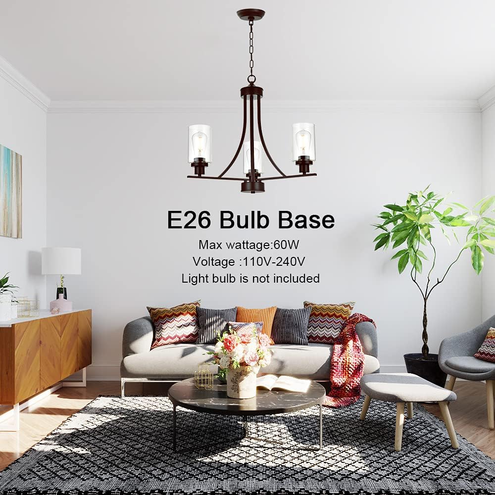 BONLICHT 3 Lights Oil-Rubbed Bronze Traditional Chandelier Rustic Kitchen Island Lighting Fixtures Hanging Clear Glass Cylinder Pendant Lights Classic Ceiling Light for Dining Room Bedroom Foyer