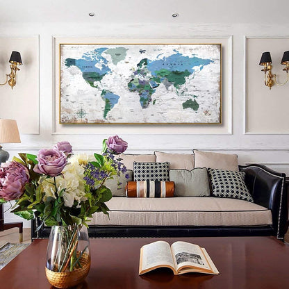 Framed Wall Art World Map Wall Art Canvas Picture 30inchx60inch Large Blue Map of The World Canvas Painting Artwork Prints for Office Wall Decor Home Living Room Decorations Framed Ready to Hang