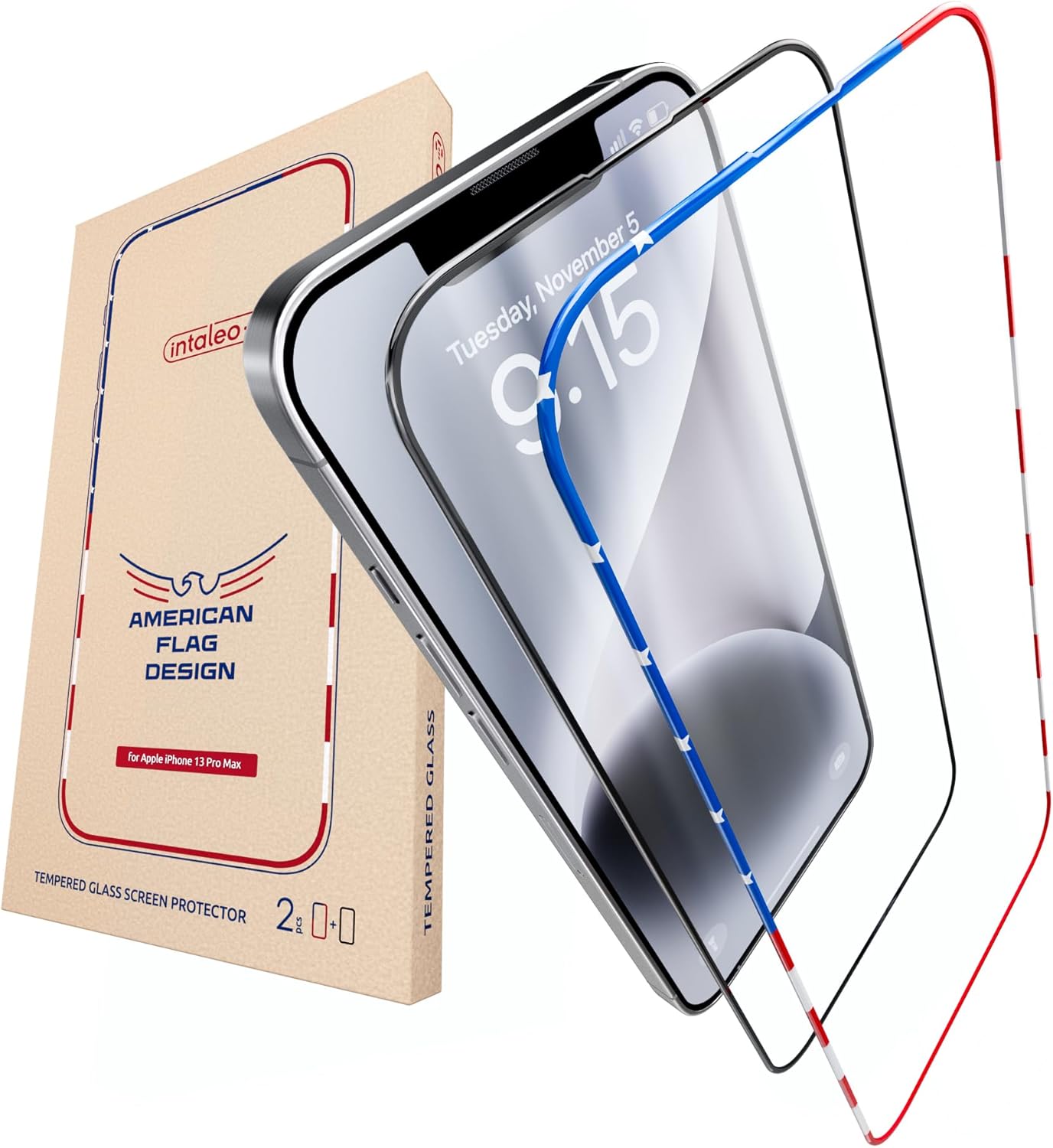 Screen Protector for 14Plus/13 Pro Max - Full Coverage Tempered Glass Screen Protector for 13 Pro Max and 14 Plus - 2 Pack (USA Flag and Classic Black) 9H Hardness, Oleophobic, Easy Install