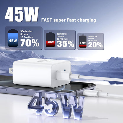 iPhone 16 15 Pro Max Charger Fast Charging,45W Dual Port USB C Fast Charger Block [2-Pack] & Extra Long 60W 3/6/10/10FT USB C Cable - PD Quick Adapter 3.0 for iPhone 16 15/16 15Pro/16 15 Plus.