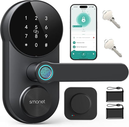 SMONET Smart Lock WiFi Door Lock with Handle: Keyless Entry Fingerprint Deadbolt Lever for Front Door Anti-peep Keypad Works with Alexa,APP Remote Control,Easy to Install,Black