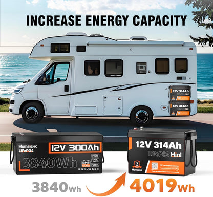 12V 314Ah LiFePO4 Lithium Battery,100A BMS,15000+ Deep Cycle 300Ah Lithium Rechargeable Battery Max 4019Wh Energy Great for RV, Marine and Off Grid Applications