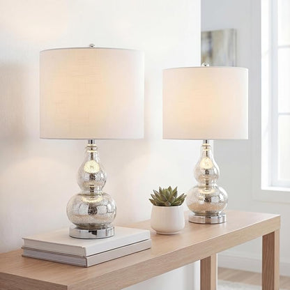 JONATHAN Y 20.5" Mercury Silver Glass Table Lamp, Modern Gourd Bedside Nightstand Lamp for Bedroom, Living Room, White Linen Shade, LED Bulb Included (JYL1028C-SET2)