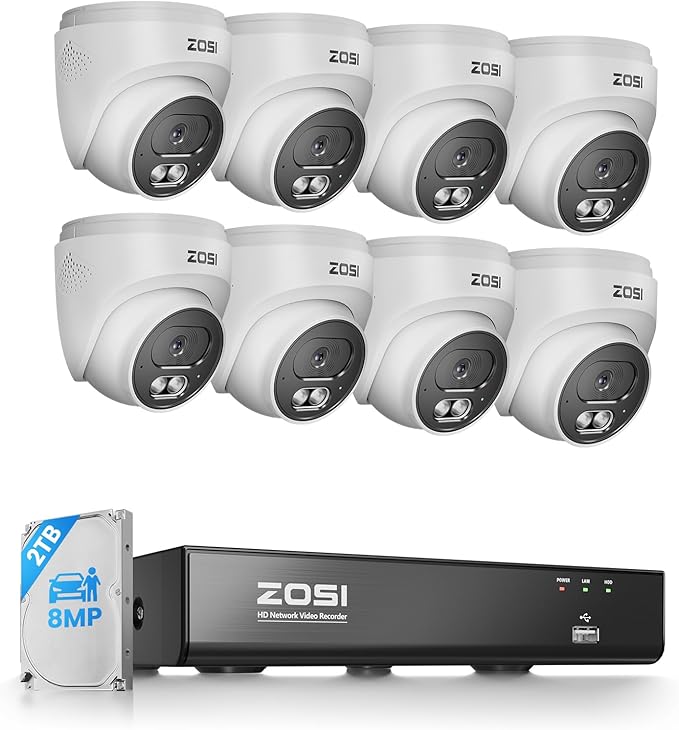 ZOSI C220 4K 8MP 8CH POE NVR Security Camera System (16CH Expandable), 8 x 8MP PoE IP Dome Cameras Outdoor Indoor, AI Human/Vehicle/Face Detection, One-Way Audio, 100ft IR Night Vision, 2TB HDD