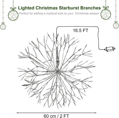 Christmas Hanging Starburst Lighted Branches, Pre-Lit 24’’ Dia Sliver Starry with 160PCS Multi Color LED Twinkle Hanging Ball Light Plug in Indoor