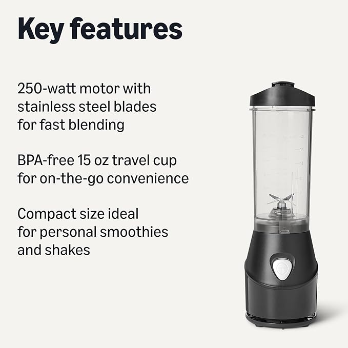 Amazon Basics Portable Blender for Smoothies and Shakes with 250W Power,15 Oz BPA Free Travel Cup and Lid, Black