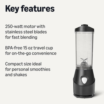 Amazon Basics Portable Blender for Smoothies and Shakes with 250W Power,15 Oz BPA Free Travel Cup and Lid, Black