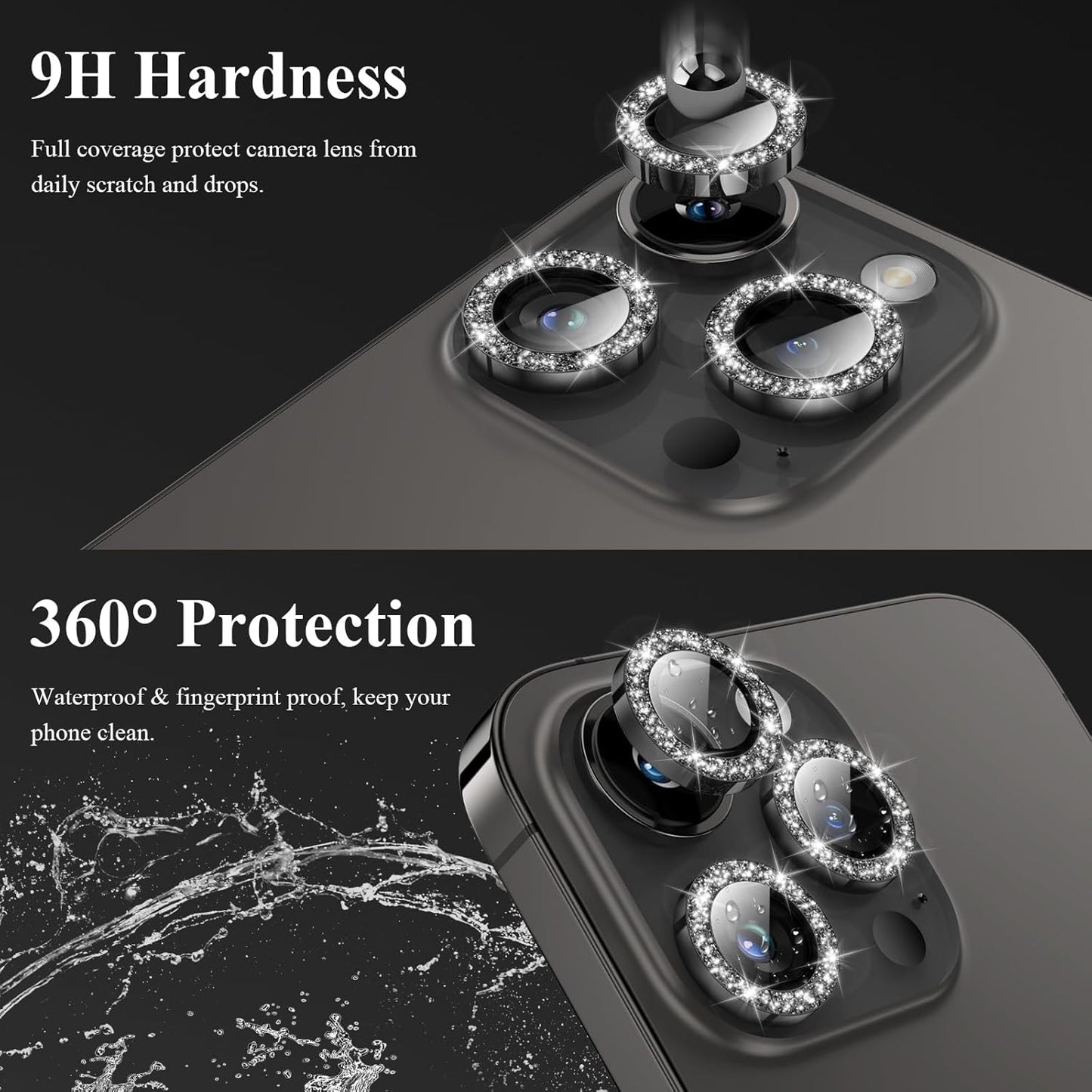 YWXTW Designed for iPhone 14 Pro/iPhone 14 Pro Max Camera Lens Protector Bling, [New Glitter Design] Individual Metal Tempered Glass Camera Cover Accessories Case Friendly, 1 Set (Black Glitter)